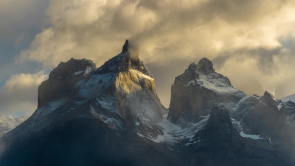 View of Torres Mountains in the Torres Del Paine National Park During Sunrise. Autumn in Patagonia