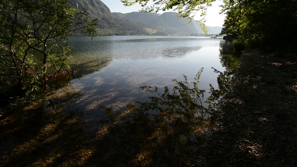 Amazing Bohinj Lake in the Morning. Deep Clear Water with Fish and Gorgeous Landscape of Bohinj