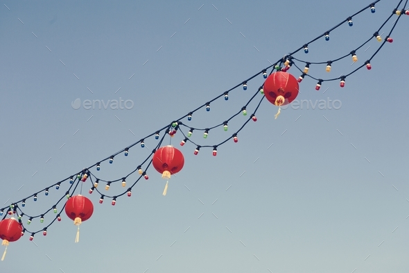 Chinese lanterns in the sky - Stock Photo - Images
