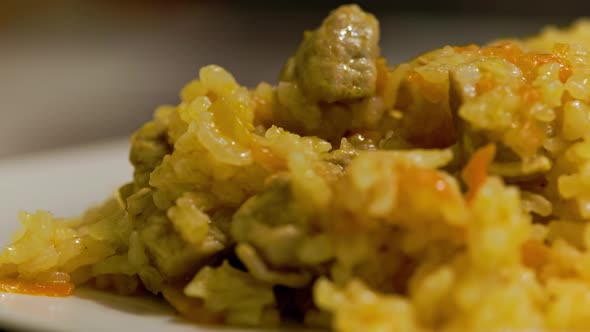 Dish of Hot Pilaf Pilau Pilaw or Pilaff with Turkey Meat Spinning on Plate alt