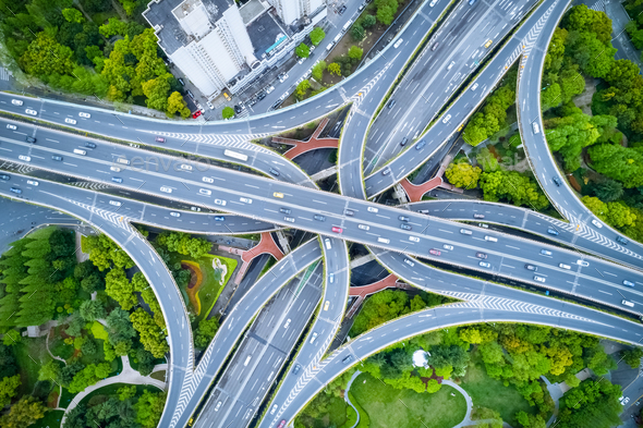 aerial view of city overpass, elevated road junction closeup in shanghai  - Stock Photo - Images