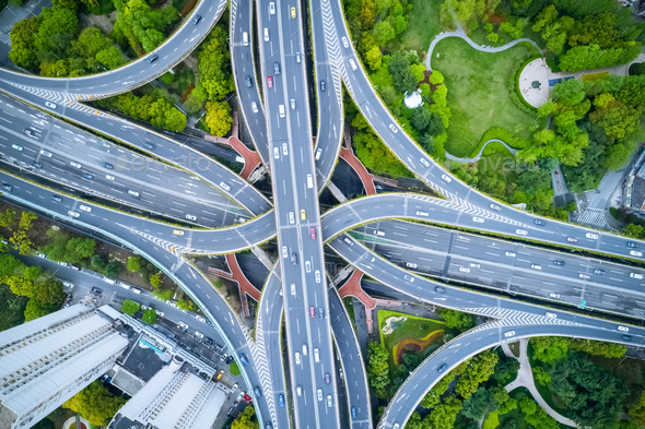 aerial view of elevated road junction in shanghai Stock Photo by chuyu2014