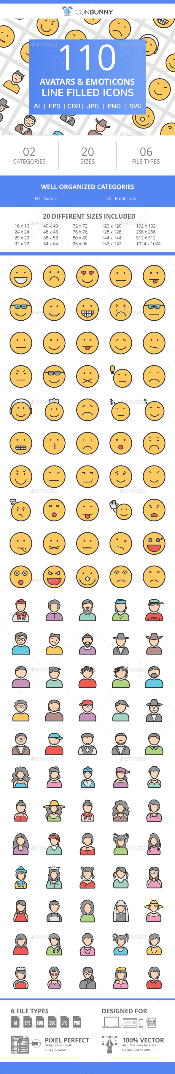 110 Avatars & Emoticons Filled Line Icons - Icons