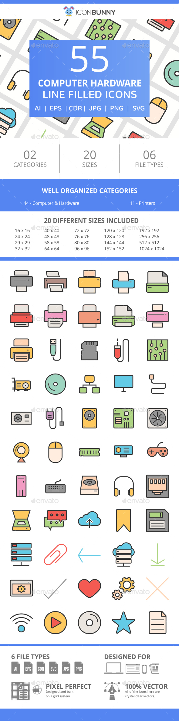 55 Computer & hardware FIlled Line Icons - Icons