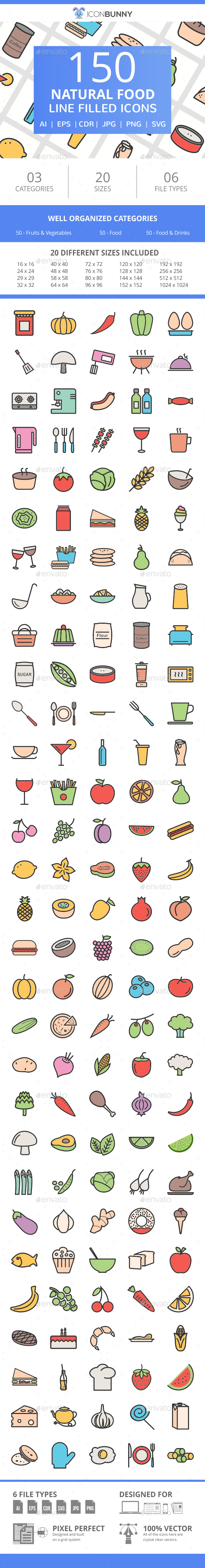 150 Natural Food Filled Line Icons - Icons