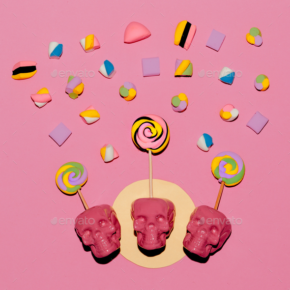 Skulls Lollipop. Sweet Candy mood Fashion Flatlay art Stock Photo by EvgeniyaPorechenskaya