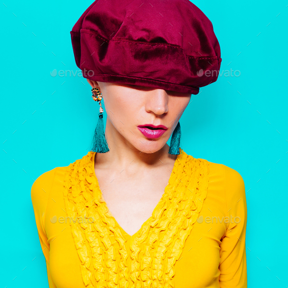 Model in fashion accessory beret and  jewelery  Vintage dress - Stock Photo - Images