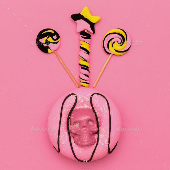 Lollipop and Fashion Skull Donut. Candy Set. Flatlay art Stock Photo by EvgeniyaPorechenskaya