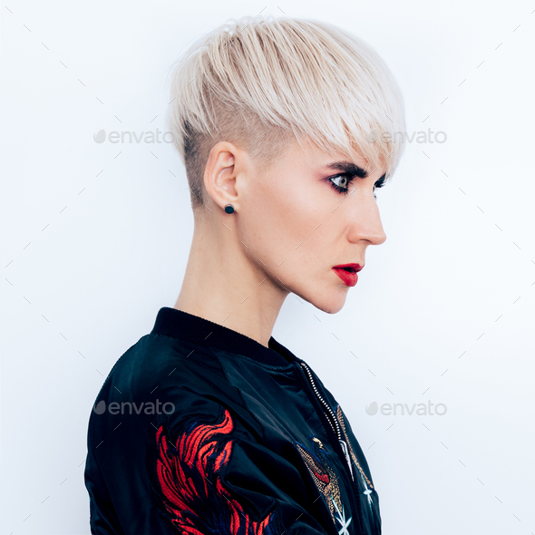 Tomboy Fashion Model With Short Haircut Hair Ideas Trends Stock