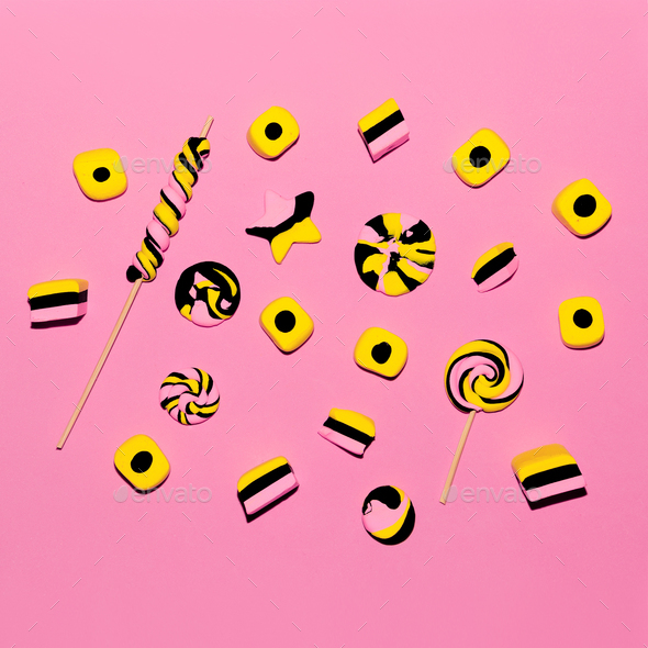 Sweet candy fashion background. Pink vibes. Candy Minimal Flatla Stock Photo by EvgeniyaPorechenskaya