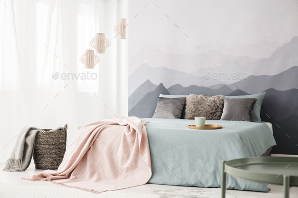 Pastel bedroom interior with mountain Stock Photo by bialasiewicz | PhotoDune