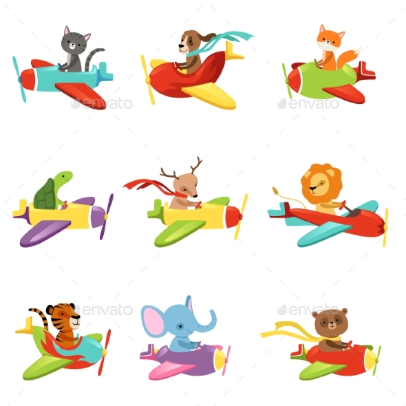 Flat Vector Set with Animals Flying in - Animals Characters