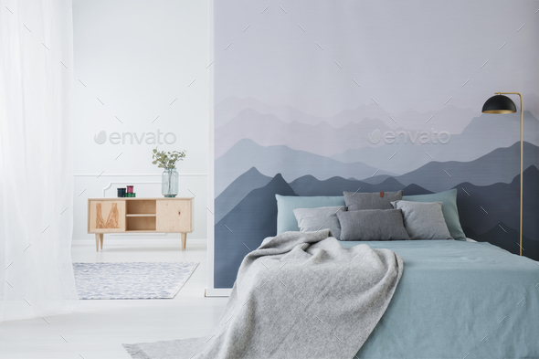 Blue and grey bedroom interior Stock Photo by bialasiewicz | PhotoDune