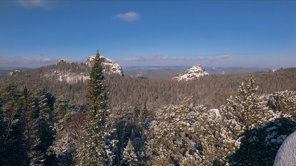 Aerial View Winter Snowscape with Forest, Trees and Snowy Cliffs. Blue Sky. Winter Landscape