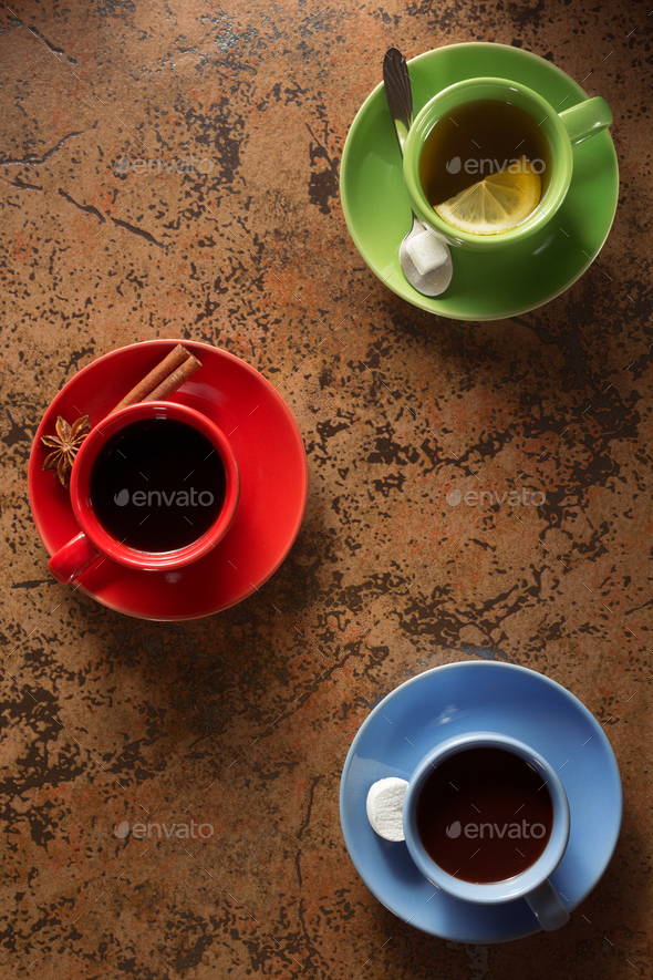 cup of coffee, cacao and tea on table Stock Photo by seregam | PhotoDune
