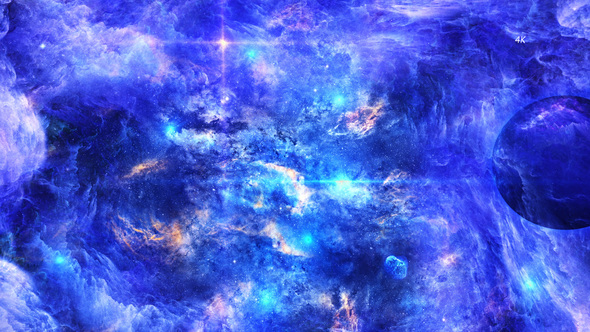 Abstract Blue Colorful Space Nebula and Planet with Stars