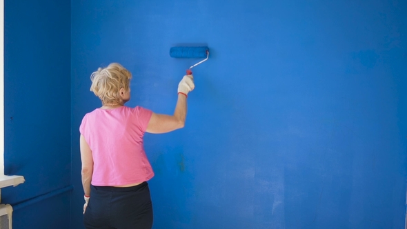 Adult Woman Painting Interior Wall of House with Blue Paint