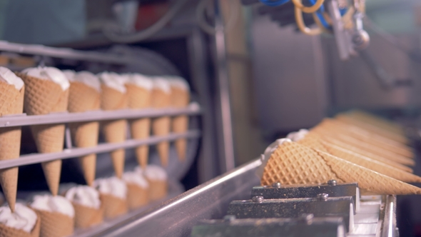 Filled Wafer Cones Are Getting Lowered Onto the Conveyor Belt alt