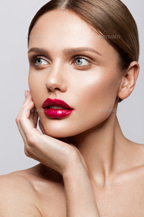 Beautiful young model with red lips Stock Photo by korabkova | PhotoDune