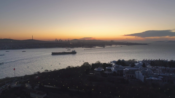  Sunrise in Istanbul, Turkie. From Above, City Centre, Downtown. Bosphorus.