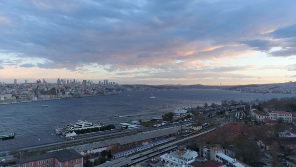 Sunrise in Istanbul, Turkie. From Above, City Centre, Downtown. Bosphorus.