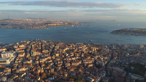 Aerial Drone Shot of Sunset in Istanbul, Turkey