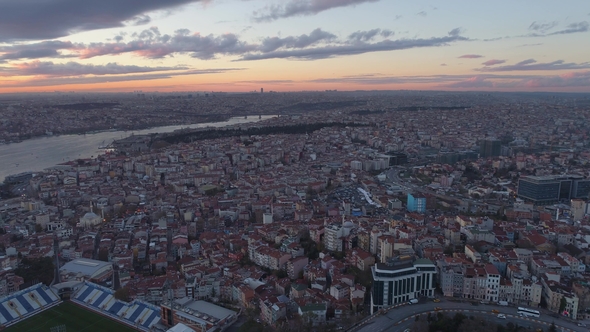 Aerial Drone Shot of Sunset in Istanbul, Turkie. From Above, City Centre, Downtown. Bosphorus