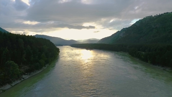 Katun River and Hills During Sunset After Rain. The Republic of Altai, Russia