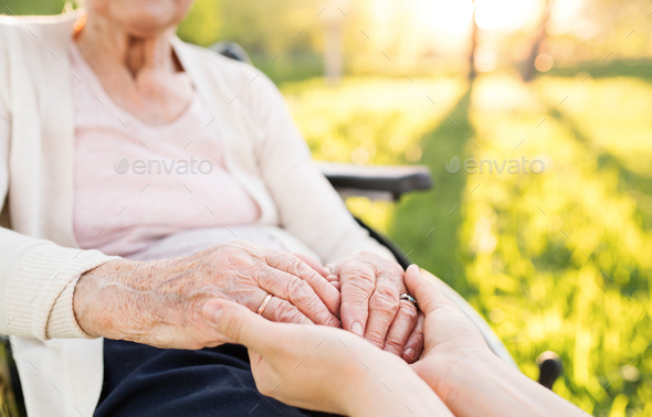 Elderly grandmother in wheelchair with granddaughter in spring nature. - Stock Photo - Images