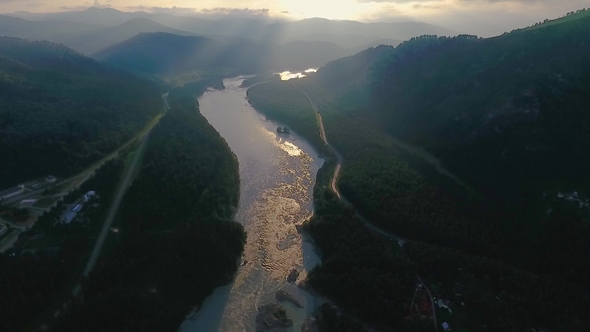 Aerial View of the Katun River and Hills During Sunset After Rain