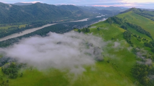 Katun River and Hills During the Fog After the Rain. The Republic of Altai