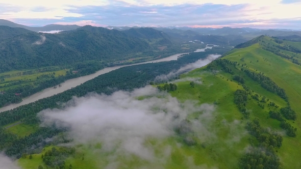  Katun River and Hills During the Fog After the Rain. The Republic of Altai