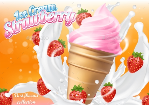 Ice Cream Strawberry Cone Dessert Vector - Food Objects
