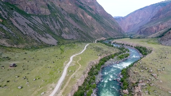 Aerial View of the Chulyshman Valley and the River in the Republic of Altai
