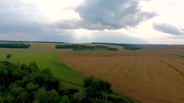 Aerial View of the Fields, Forest and Road in the Krasnoyarsk Territory