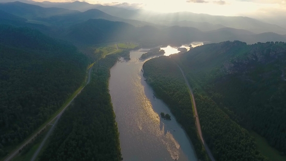 Aerial View of the Katun River and Hills during Sunset after Rain