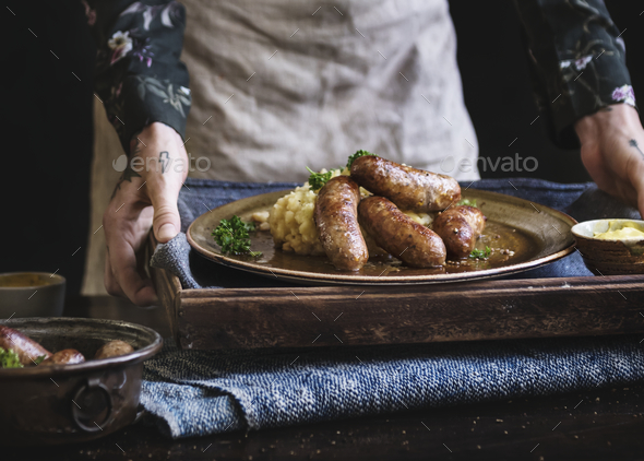 Bangers and mash food photography recipe idea Stock Photo by Rawpixel