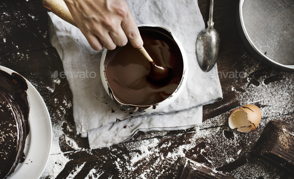 Dark chocolate sauce food photography recipe idea - Stock Photo - Images