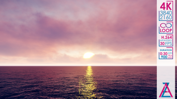 Sunset Sky with Pink Clouds with Sun and Purple Ocean alt