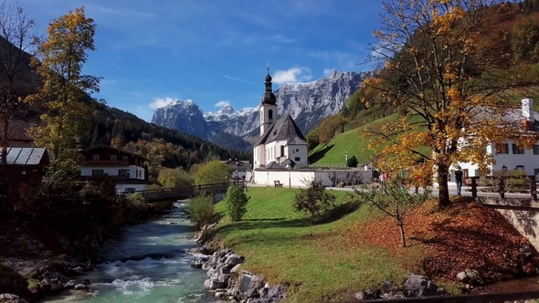 Flight Over Church in Ramsau, Berchtesgaden, Germany alt