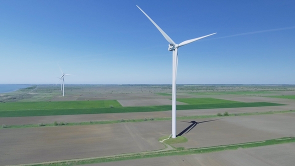 Wind Power Turbines in the Field. Aerial View