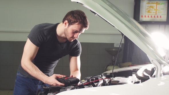 Car Mechanic Is Standing in an Auto Repair Shop Near Automobile with ...