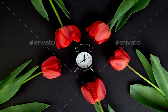 Black alarm clock near bouquet red tulips - Stock Photo - Images