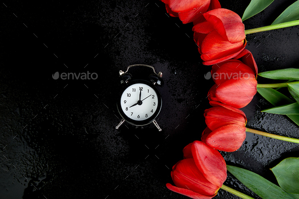 Black alarm clock near bouquet red tulips - Stock Photo - Images