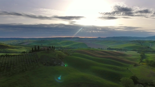 Tuscany Aerial Sunrise Farmland Hill Landscape alt