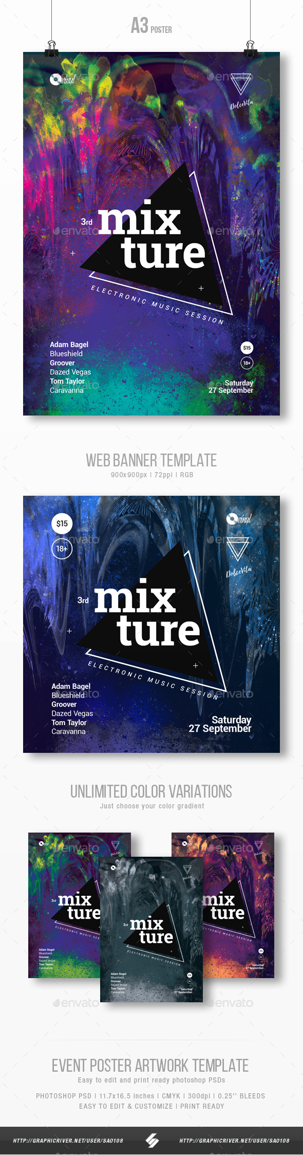 Mixture 3 - Electronic Music Party Flyer / Poster Template A3 - Clubs & Parties Events
