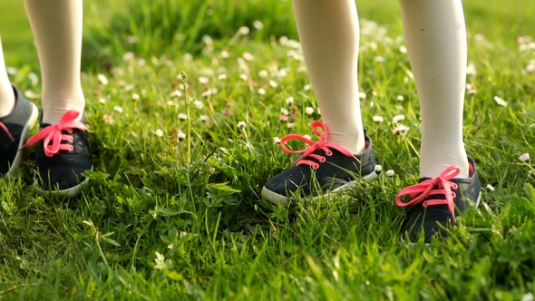 Two Little Girls Are Standing on Green Grass