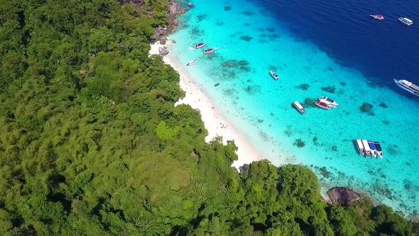 Birds Eye View on Honeymoon Beach at Similan Islands. Aerial  . Phang Nga Province, Thailand.