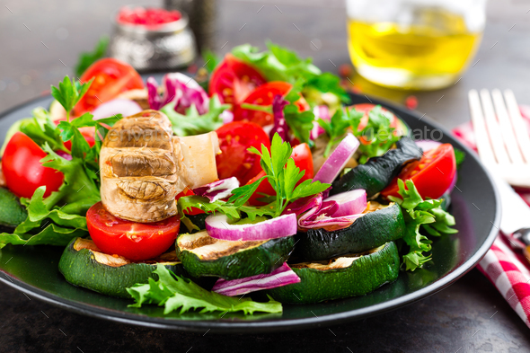 Salad with fresh and grilled vegetables and mushrooms - Stock Photo - Images