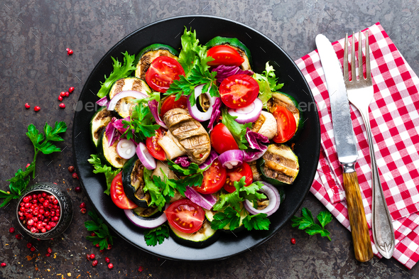 Salad with fresh and grilled vegetables and mushrooms - Stock Photo - Images